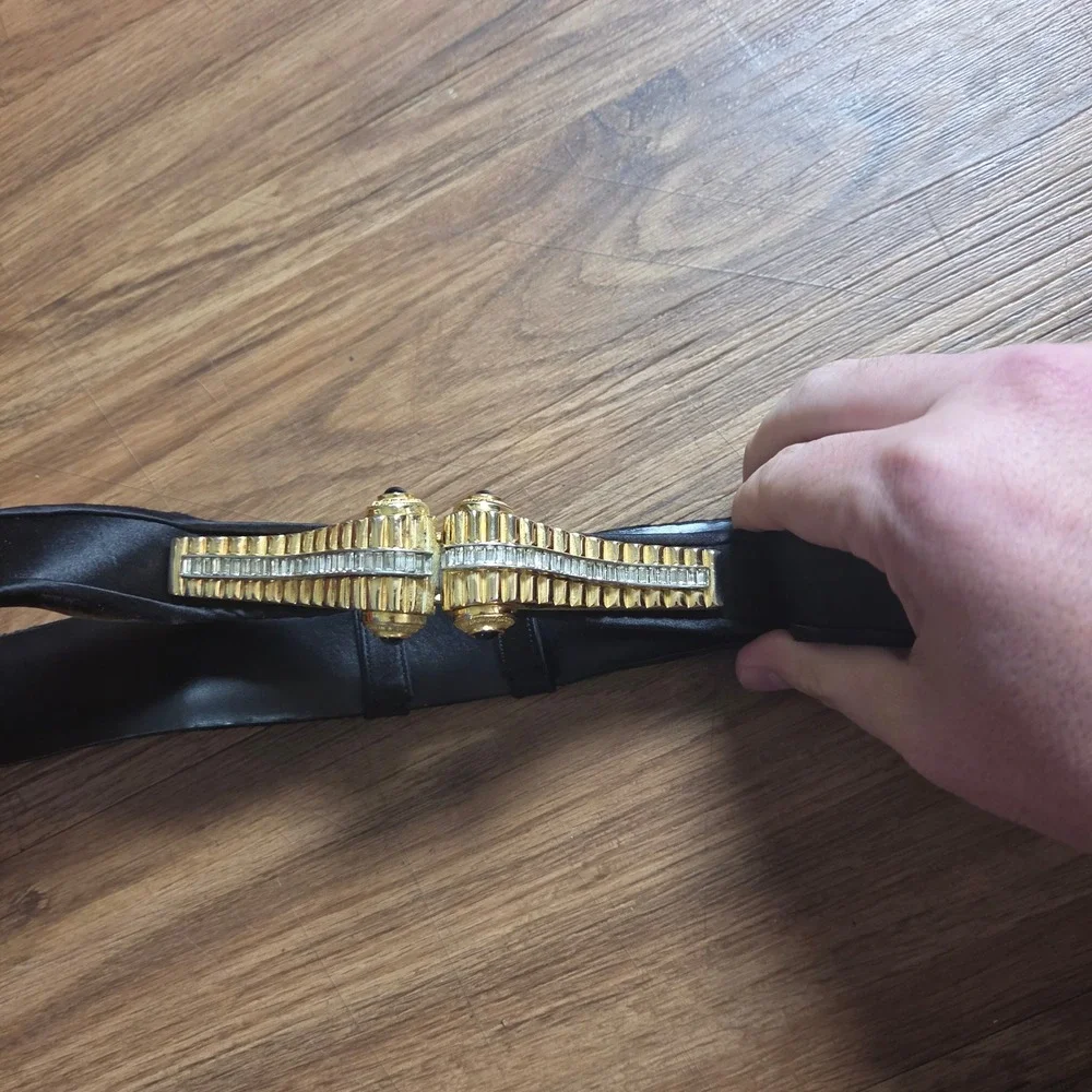 VTG Judith Leiber Satin Leather Crystal Gold Buckle Wide Waist Belt 33 Old Money